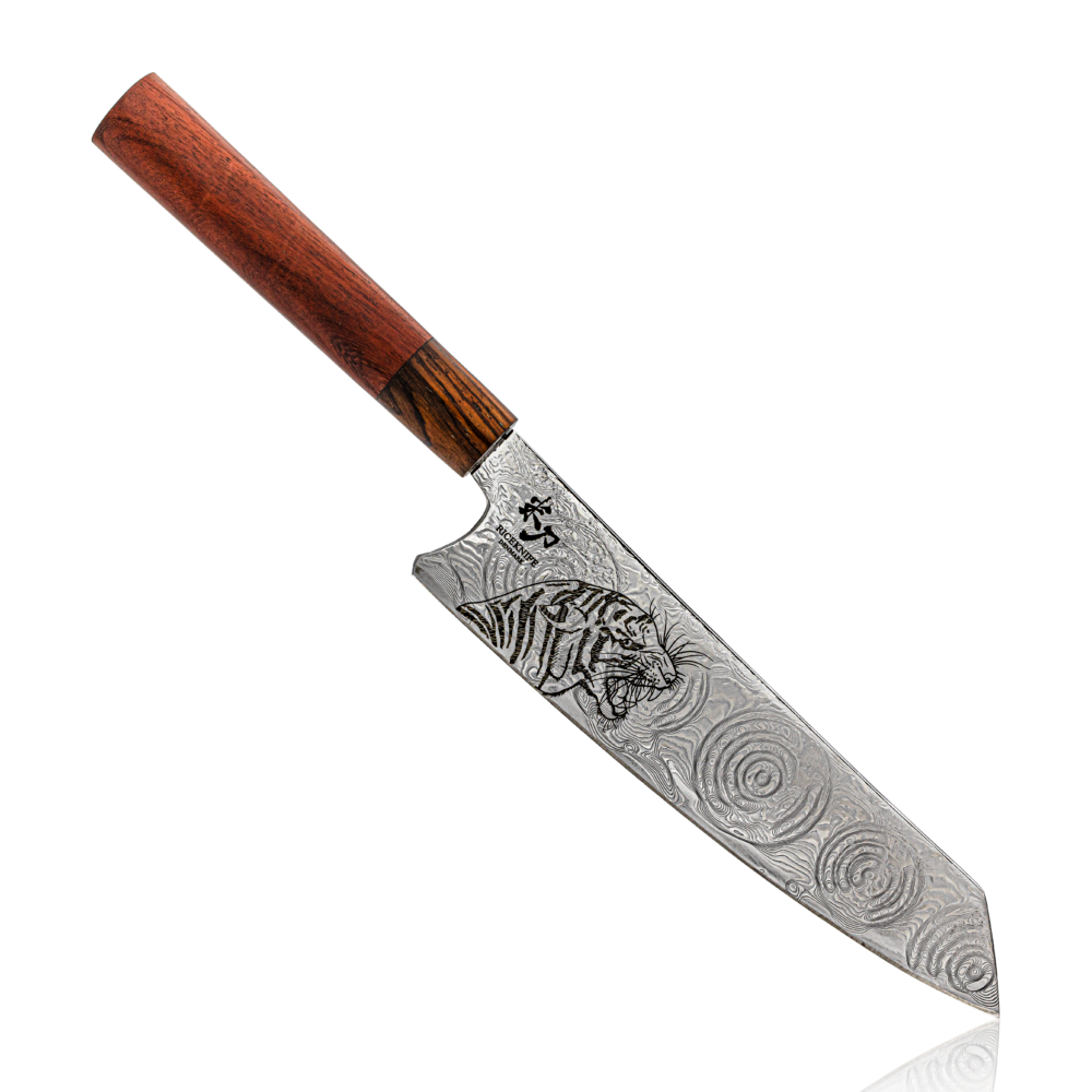 Riceknife® Tigritude Danish Design Limited Edition Tactile Damascus Steel Chef's Knife, Kiritsuke Knife, with Natural Wood Handle and Tiger Engraving