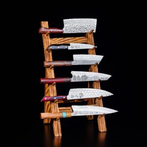 EX-ANIMO III Damascus knife set: six knives displayed on a wooden stand.