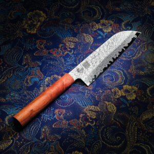 [FORGE] Loss and Gain – Damascus Santoku Knife with Pink Oak Handle