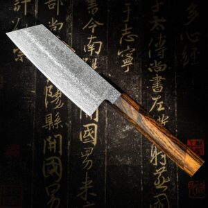 YOLO III Damascus vegetable knife with a tall angled-tip blade and a striped wooden handle.