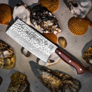 SHARK II Damascus meat cleaver with a broad rectangular blade and a brown handle.