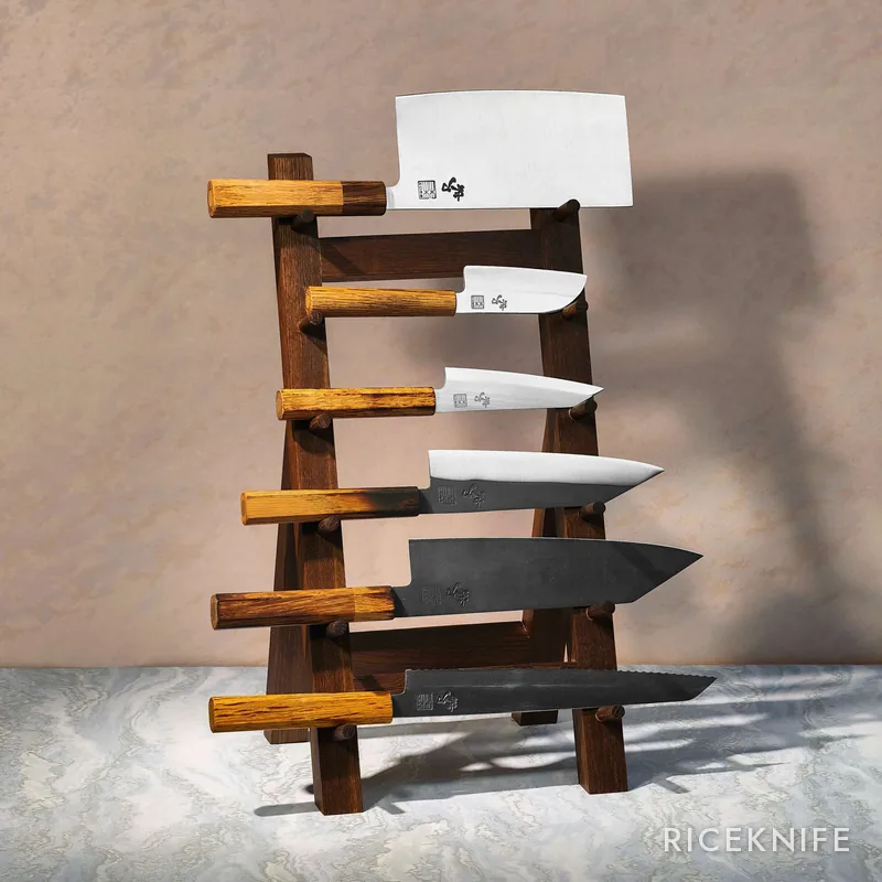 The RAW OAK six-knife set with oak handles