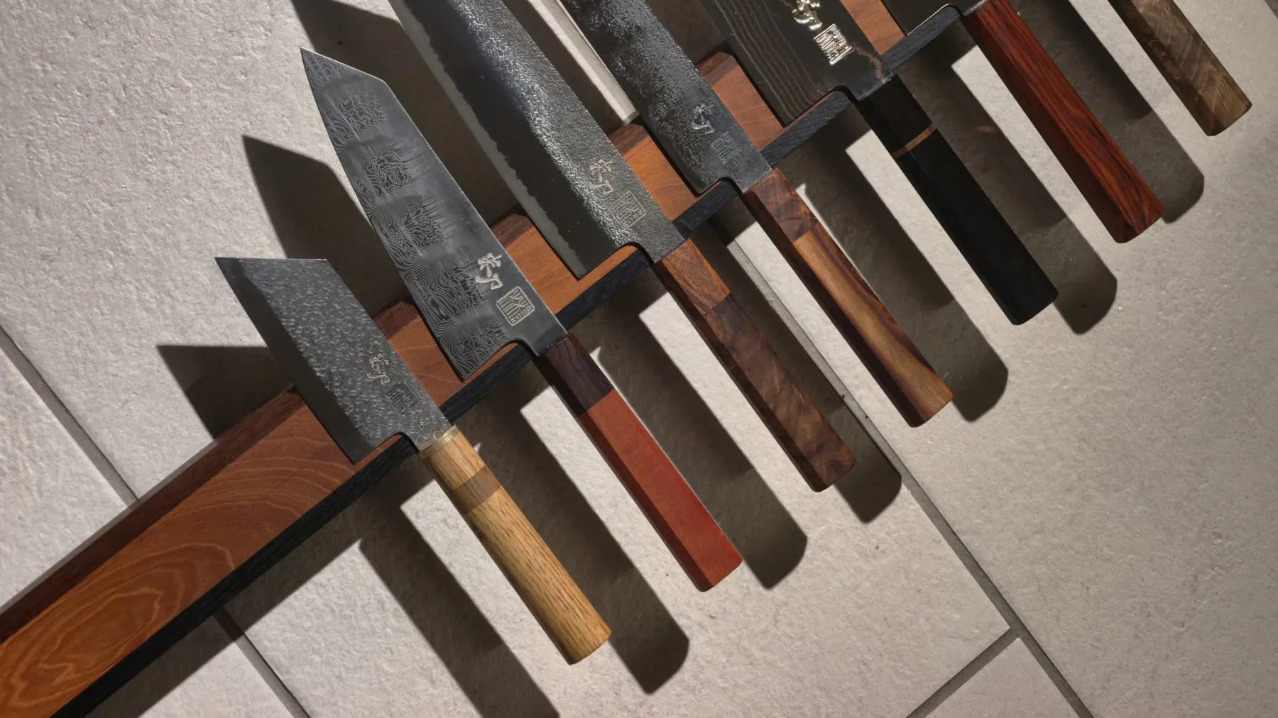 Custom knives on a wall rack, seen at an angle