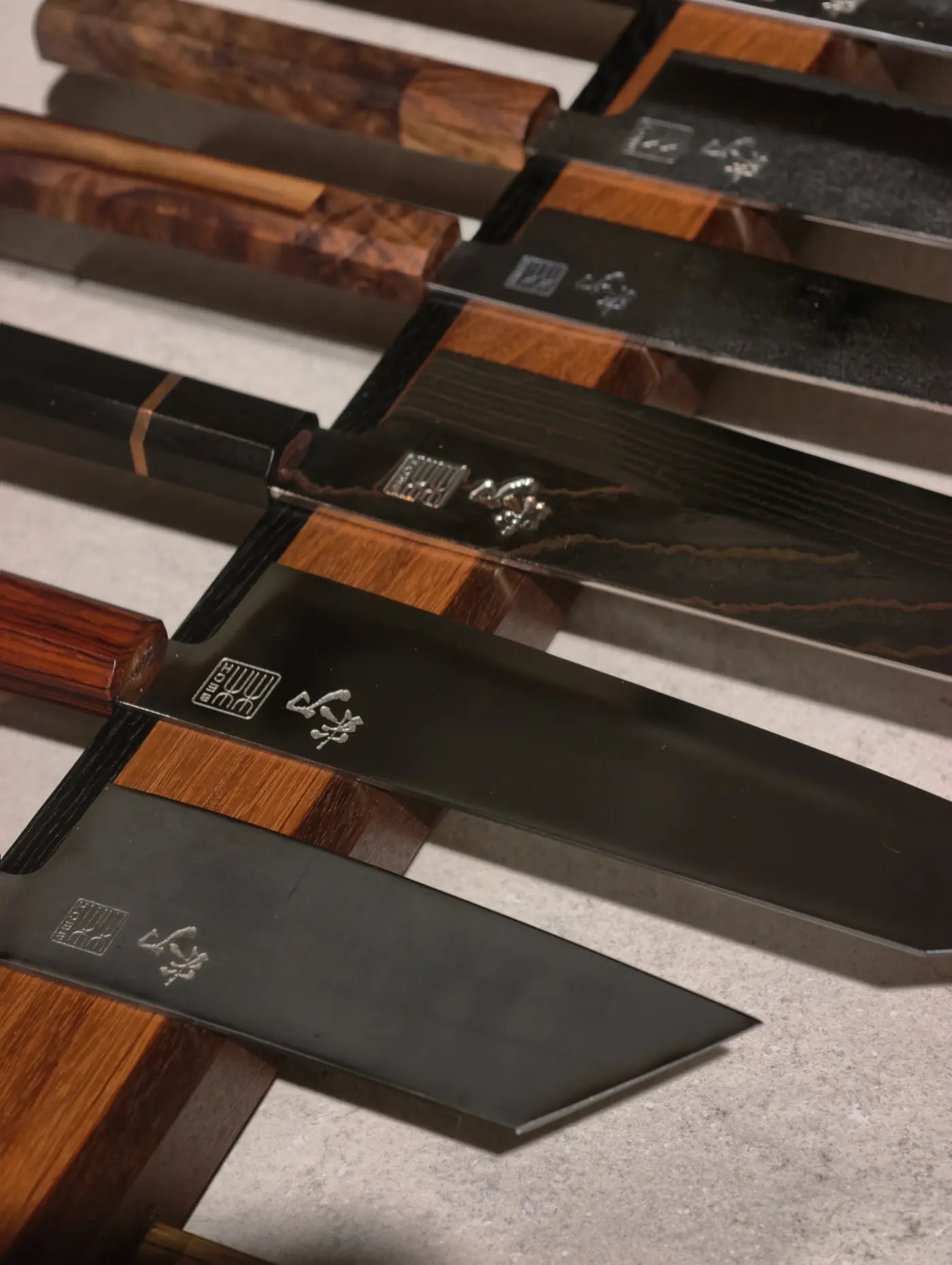 Close-up of knife blades and handles