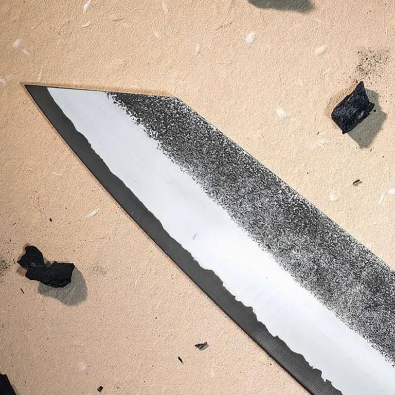 Klingens spids: mørkt område foroven, lysere stål mod æggen